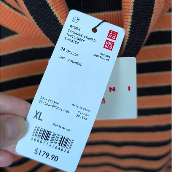 NWT MARNI + Uniqlo Orange 100% Cashmere Striped Turtleneck Sweater, size XL - Picture 6 of 9